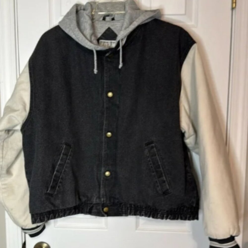 Vintage Yukon Travel Letterman Varsity Denim Hooded Jacket - Size XL